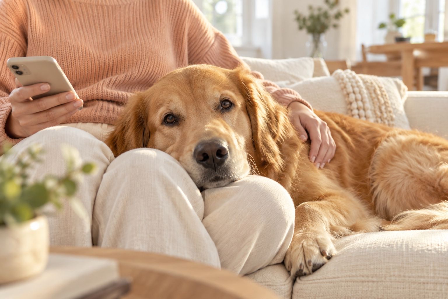 A relaxed golden retriever resting with its person on a sofa